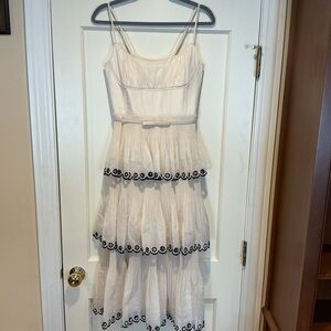 NWOT Zimmermann Elegant Cream and Black Tiered Belted Midi Dress, Size AU 2 = M